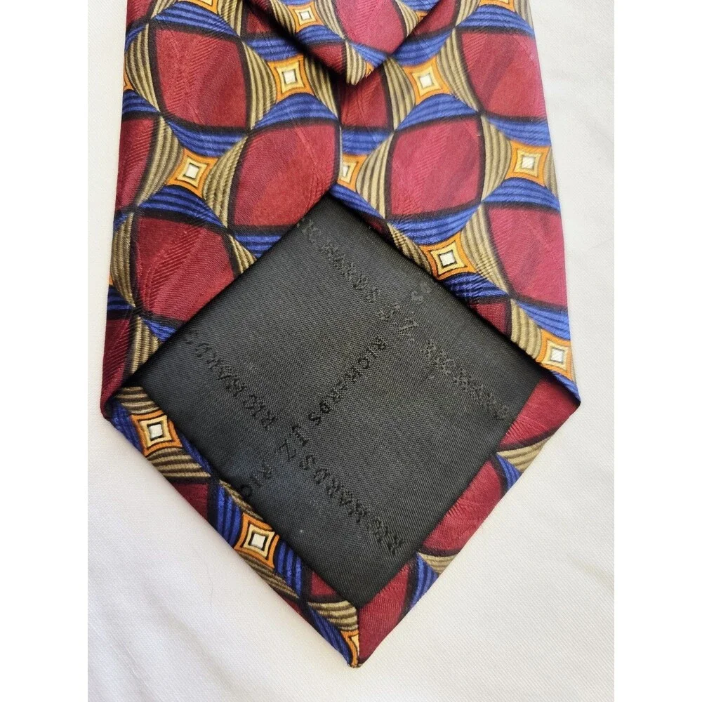 Vintage J.Z. Richards Silk Tie, 1990s Medallion Geometric, Maroon Blue Gold USA